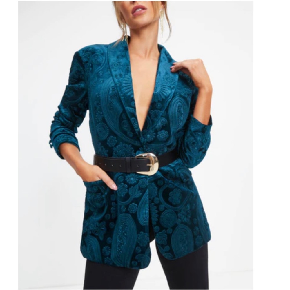 Vici Pocketed Deep Teal Floral Blazer
